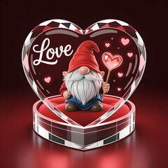 Charming Valentine Gnome in Crystal Heart Display with Glowing Wand