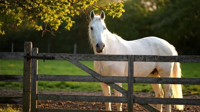 Majestic white horse standing near a rustic wooden farm gate bathed in the warm, golden afternoon sunlight filtering through lush green foliage overhead