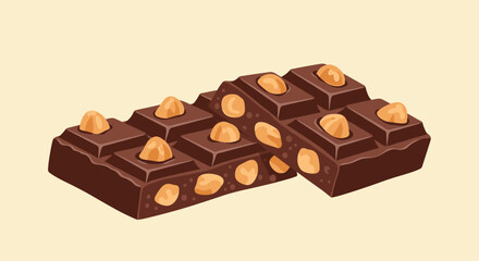 Delicious illustration of a broken milk chocolate bar filled with whole hazelnuts, shown on a light brown background.