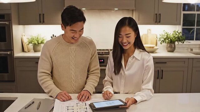 Two individuals collaborating on home design project, reviewing floor plans and digital designs on tablet at modern kitchen counter