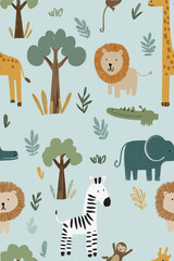 Fototapeta premium Safari animals pattern with giraffes, elephants, and lions on a light blue background. Cute cartoon jungle animals seamless pattern