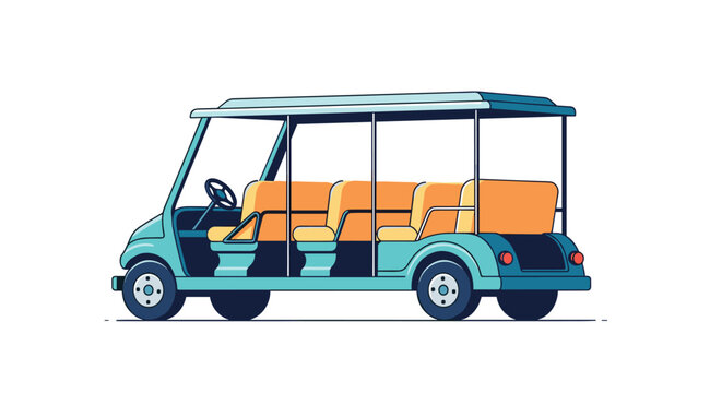 A cartoon illustration of a light blue multi-passenger electric shuttle cart or golf cart, used at resorts or airports.