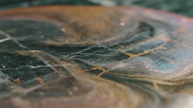 Close up of golden liquid flowing into a circular indentation on a green marble surface with golden veins.