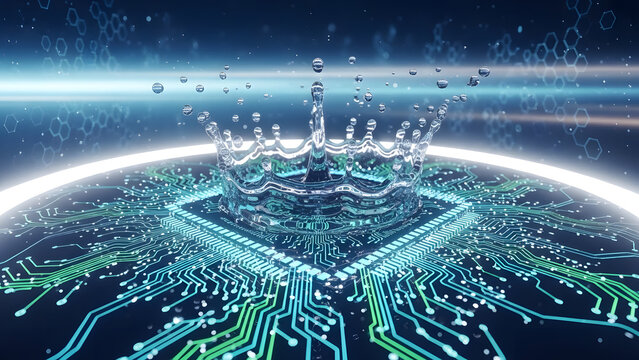 Water splash forming a crown on a glowing computer chip with circuit board traces.