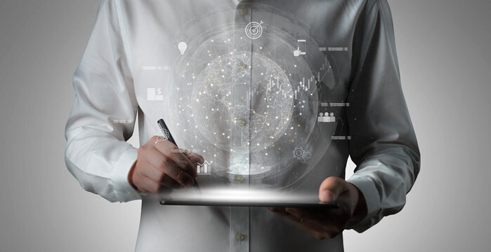 Global business network connecting digital economy and data exchange. Global business expands market, business shares data, global drives finance, and global business supports insight. Vouch - Powered by Adobe