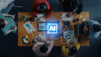 A dynamic team meeting exploring artificial intelligence development, showcasing diverse professionals engaged in discussion and analysis around a wooden table. Trope