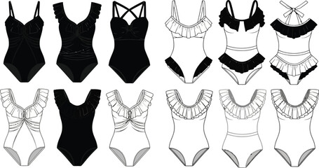 various black and white swimsuit designs showcasing different strap and neckline styles