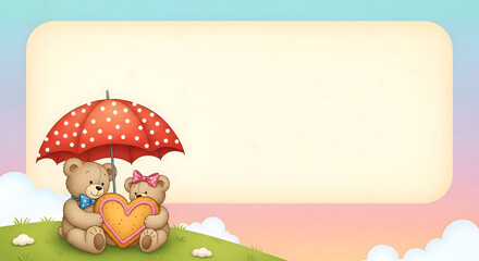 Fototapeta premium Two cute teddy bears holding a heart under a red polka dot umbrella on a green hill with a colorful sky