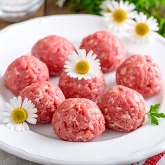 Fresh Raw Meatballs on a White Plate with Daisy Decorations.