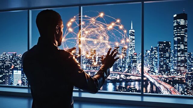 Business professional interacting with holographic global network sphere against illuminated city skyline at night. Technology concept of international connectivity, digital communication, corporate