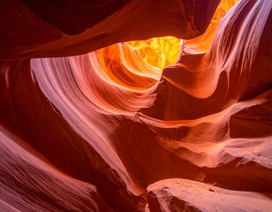 View of a canyon's smooth, flowing sandstone walls with an opening revealing bright, golden sunlight. Deep red and orange hues