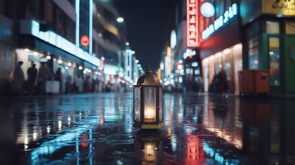 Ramadan street scene at night with lantern on wet pavement colorful lights reflecting off buildings