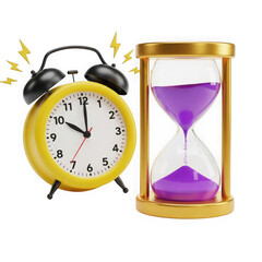 3d rendered alarm clock and hourglass