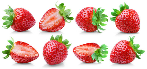 Set of 8 ripe and juicy strawberries, 3 cut and 5 whole, isolated on transparent background. © Vasilii