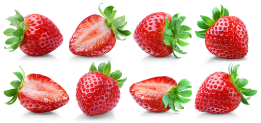 Set of 8 ripe and juicy strawberries, 3 cut and 5 whole, isolated on transparent background.