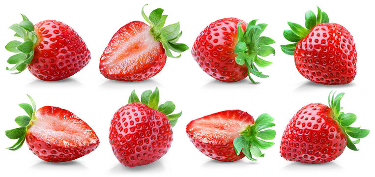 Set of 8 ripe and juicy strawberries, 3 cut and 5 whole, isolated on transparent background.