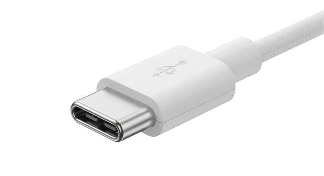 Close up of a white usb type c cable connector for charging and data transfer isolated on transparent background