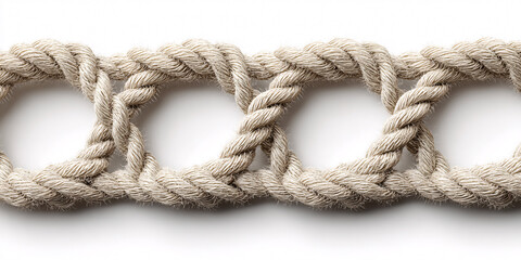 Thick natural fiber rope woven into a continuous chain pattern, creating interconnected loops on a clean white background Concept of strength, connection, and unity