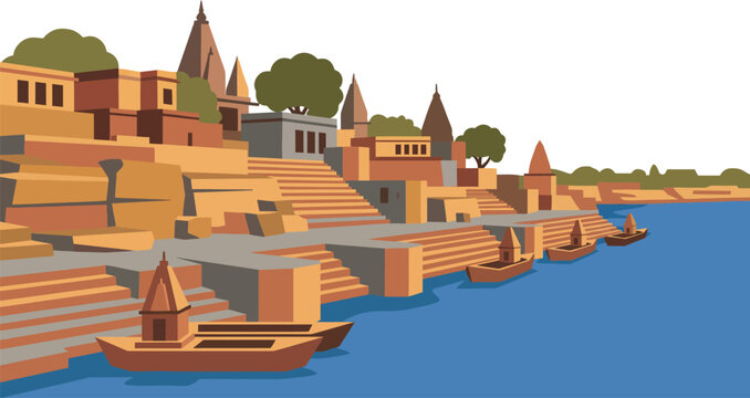 Ancient holy indian city varanasi ghats architecture with temples and stairs near ganga river boats on water religious heritage culture of hinduism landmark asia.