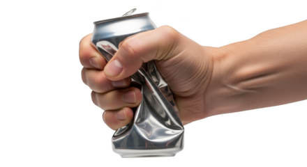 Crushing silver aluminum can in hand showing strength isolated on transparent background