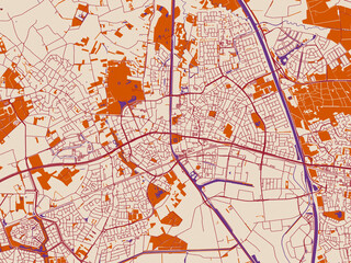 Fototapeta premium Urban map poster of Helmond, Netherlands with warm neutral background with burgundy linework streets, terracotta blocks and violet water contrast