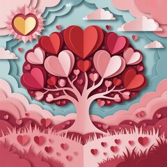 Valentine's day layered paper art scene with heart shaped tree sunny sky and fluffy clouds