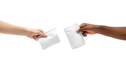 Diverse hands offering white blank food packaging mockups ziplock pouches isolated on transparent background