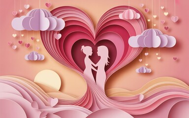 Romantic valentine's day paper cut layered art of a couple embracing in a heart
