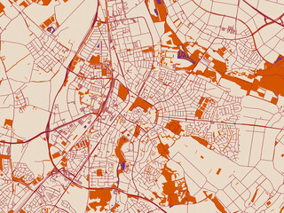 Obraz premium City map of Sittard, Netherlands — cream-toned map field with burgundy roads, terracotta highlights and muted violet water shapes