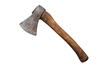 Old rusty axe with wooden handle. Vintage chopping tool for woodworking and lumberjack activities, isolated on transparent background