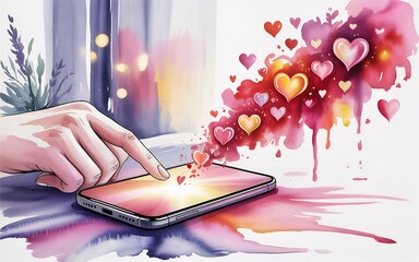 Hand interacting with smartphone screen hearts emerging digital love concept romantic watercolor illustration