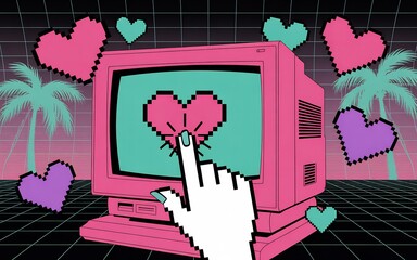 Retro vaporwave valentine scene with heart on computer screen and hand interaction