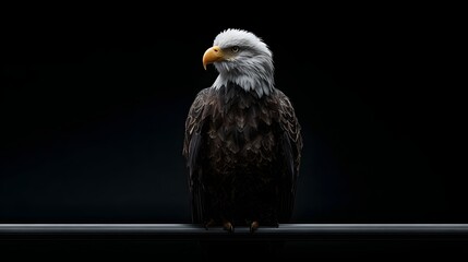 Fototapeta premium Majestic Eagle Perched on Metal Bar Against Black Background