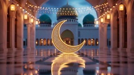 Golden crescent moon decoration in a mosque courtyard at night with lights and reflection
