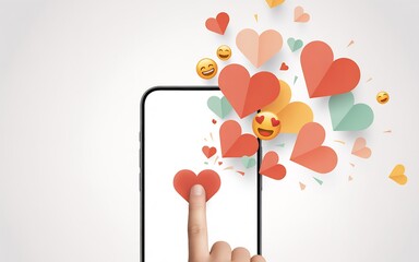 Hand holding phone with hearts and emojis floating out symbolizing love and social media connection on a white background with a playful digital art style