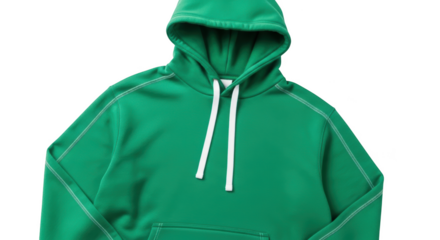 Green hoodie sweatshirt with white drawstrings and pocket sporty fashionable apparel isolated on transparent background