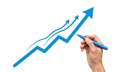 Hand drawing blue growth chart with arrows isolated on transparent background