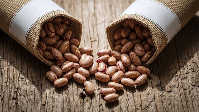 organic kidney beans spilling from burlap eco sacks on rustic wood for culinary blogs, farm catalogs, garden design and agriculture awareness, with copy space