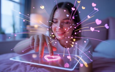 Young woman in bed touching a glowing heart on a tablet with romantic cyber effects
