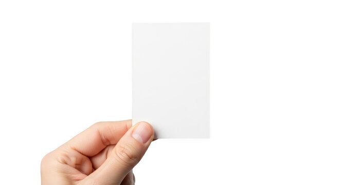 Hand holding a blank white business card ready to display information isolated on transparent background