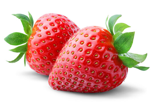 Two juicy ripe strawberries isolated on transparent background.