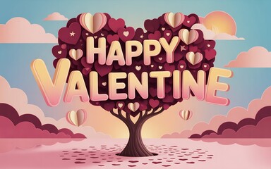 Enchanted valentine tree landscape with hot air balloons and heart shaped decorations in a dreamy sky