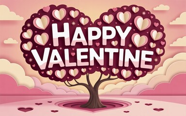 Valentine's day tree with happy valentine text and heart shaped leaves on pink landscape