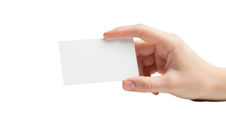 Fototapeta premium Hand holding blank white business card ready for custom text isolated on transparent background