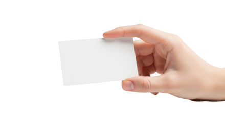 Hand holding blank white business card ready for custom text isolated on transparent background
