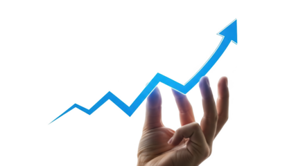 Hand holding blue arrow pointing upward showing positive growth and success isolated on transparent background