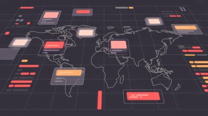 World map with data visualization and charts representing global information flow
