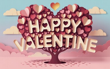 Enchanted paper art valentine landscape with heart tree 'happy valentine' text and pastel clouds