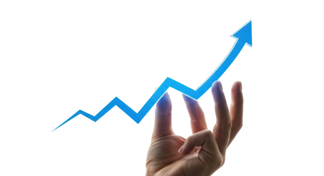 Hand holding blue arrow pointing upward showing positive growth and success isolated on transparent background - Powered by Adobe