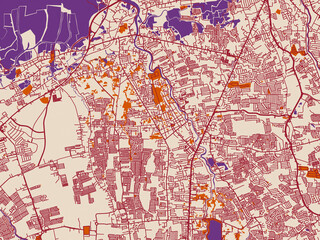 Naklejka premium Urban map poster of Imus, Philippines with warm neutral background with burgundy linework streets, terracotta blocks and violet water contrast